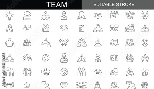 Comprehensive Line Icon Set for Teamwork, Cooperation, and Business Organization: Editable Stroke Vector Illustration