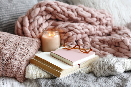 Wallpaper Mural Cozy scene with pink knitted blanket, candle, and pair of glasses on stack of books, creating warm and inviting atmosphere Torontodigital.ca