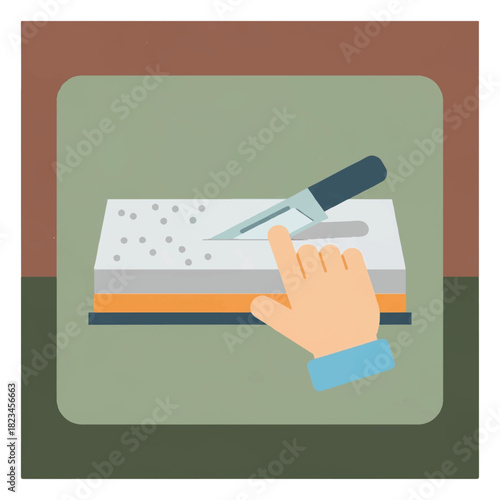 A hand sharpens a knife on a multilayered stone