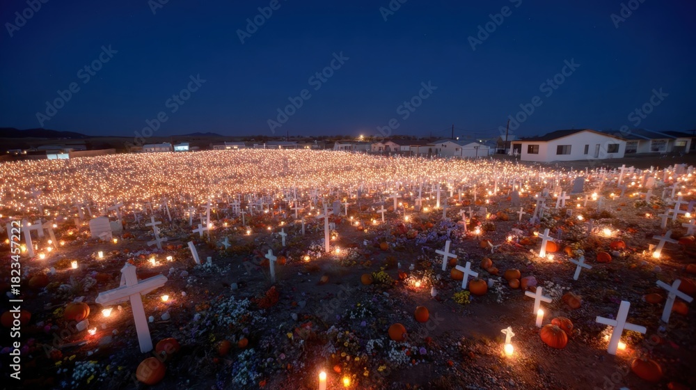 Fototapeta premium Nighttime Cemetery Scene with Lit Candles and Colorful Altars