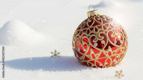 hristmas ornament on white snowy background