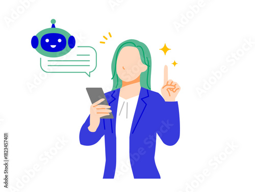 スーツのビジネスウーマンがスマホの人工知能を使って解決するイラスト。フラットデザイン