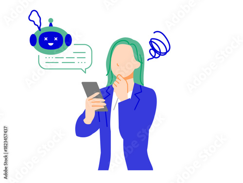 スーツのビジネスウーマンがスマホの人工知能の不具合で困った表情のイラスト。フラットデザイン