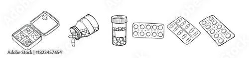 vector sketch set of pills blister package isolated on white