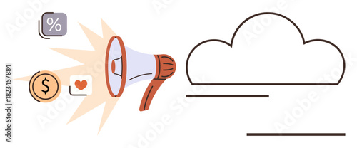 Megaphone emitting icons for percentage, currency, and social interaction, leading to a cloud outline. Ideal for marketing, advertising, cloud connectivity, communication, social engagement