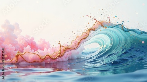 Golden and Pastel Splashes Merge into a Serene Ocean Wave, a Dreamlike Artistic Composition of Fluid Dynamics and Color Harmony