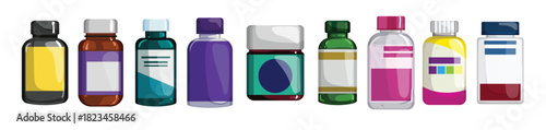 vitamin bottle set cartoon vector illustration