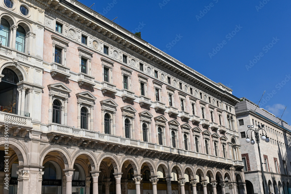 Fototapeta premium Views of central part of Milan, Brera district, shopping area, church Duomo, architectural details, streets, walking in Milan, Lombardy, Italy