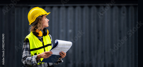 A woman wearing a yellow vest and a hard hat is holding a clipboard