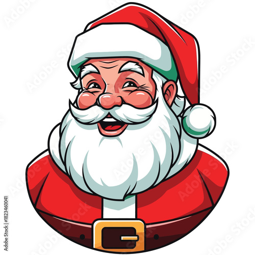 Cartoon santa claus with a red hat and coat smiling with a white beard and mustache on a white background