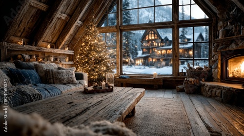 Cozy cabin family gathering at christmas festive season decorations inside a snowy exterior view with a fireplace and christmas tree