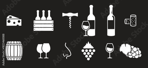 wine icons set white on a black background