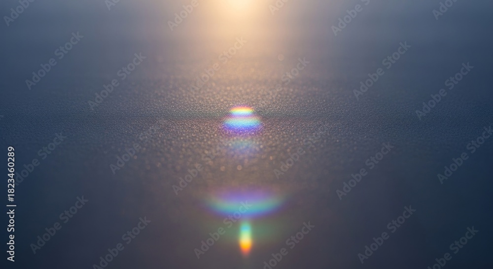 Naklejka premium Golden light illuminates a shimmering surface, with a vibrant rainbow lens flare