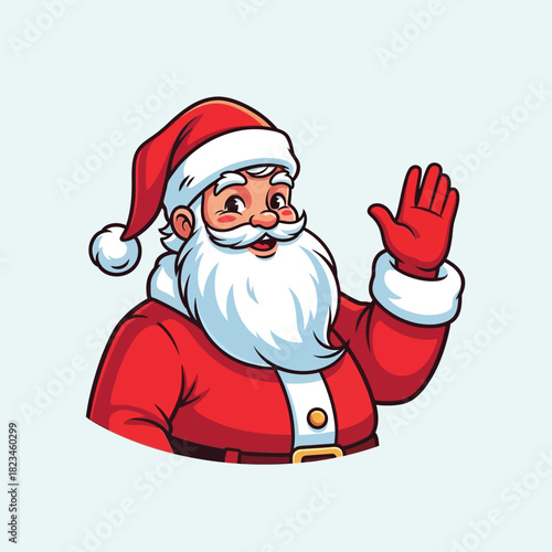 Cartoon santa claus waving with a red suit and hat on a light background in a cheerful illustration