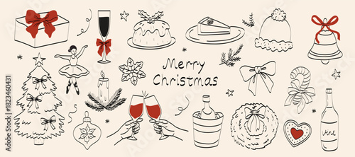 Festive holiday illustrations featuring Christmas themes, decorations, and celebratory elements