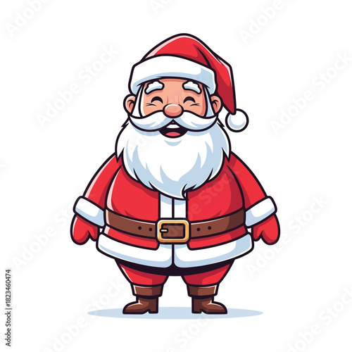 Cartoon illustration of santa claus with a red suit and hat smiling with a white background color