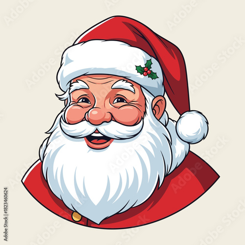 Cartoon illustration of santa claus with a red hat and white beard smiling cheerfully at the viewer