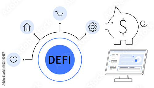 DEFI logo surrounded by home, shopping, gear, and heart icons. Piggy bank and monitor represent financial technology. Ideal for blockchain, fintech, investing, finance economy banking savings