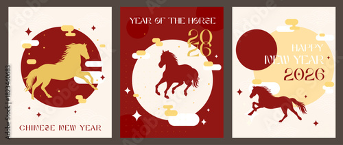 Mobile Set of chinese new year cards for 2026 the year of the horse on red background
