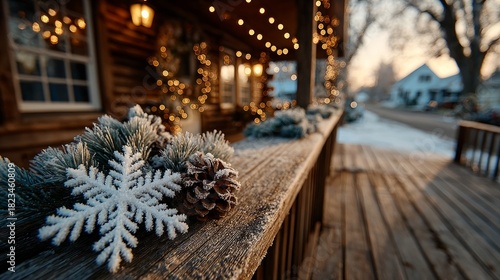 Cozy family gathering on a frosty christmas eve at a festively decorated cabin porch