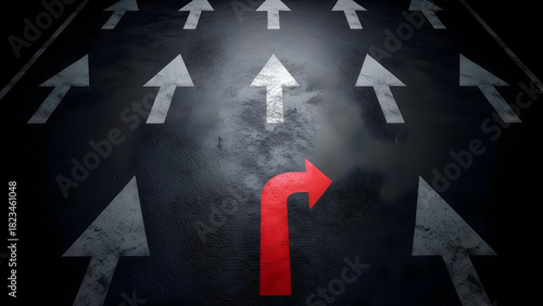 Bold red arrow defying conformity and charting a new course forward, paving the way for innovative strategies that challenge the status quo and promise success