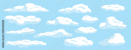 white cartoon clouds set on blue isolated