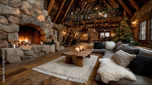 Cozy family christmas in a rustic cabin with tree fireplace and festive decor amid frost and church bells