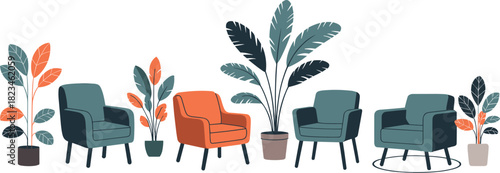 Modern Interior Design Vector Illustration Set Featuring Stylish Armchairs and Large Tropical Potted Plants for Home and Living Room Decor.