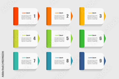 For business concept with 9 steps infographics, rectangle shape with multicolor label, design for workflow layout, diagram, annual report, web design. vector illustration