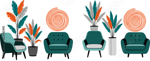 Abstract Modern Interior Vector Illustration Set Featuring Stylized Armchairs, Potted Plants with Orange and Teal Leaves, and Decorative Spiral Geometric Shapes.