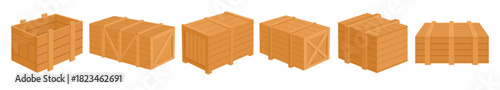 Wooden boxes. Cargo shipping wooden boxes, delivery packages flat vector illustration set. Delivery package collection