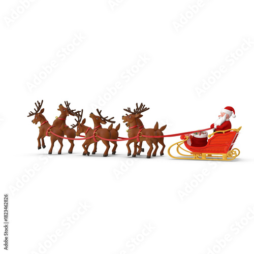 Cartoon santa claus in red sleigh pulled by five brown reindeer