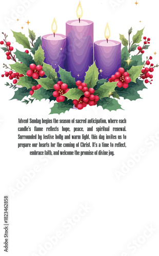 PriAdvent Sunday illustration with three purple candles and festive holly arrangementnt