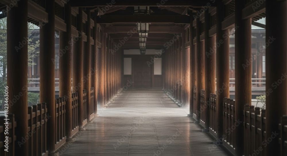 Obraz premium Long traditional wooden corridor with pillars, leading to a distant structure, subtle light