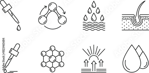 Scientific & Chemical Process Line Art Icons – Vector Set for Lab, Water, Molecular, and Reaction Concepts