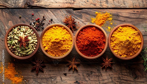 Authentic Indian spices in small bowls, turmeric, chili powder, cumin seeds, star anise, clean rustic wooden background