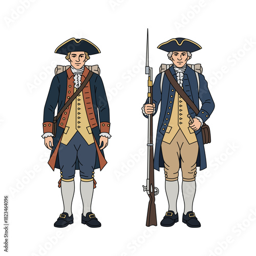 Minutemen or American Revolutionary War Soldiers Standing Uniformed with Muskets and Backpacks, vector style