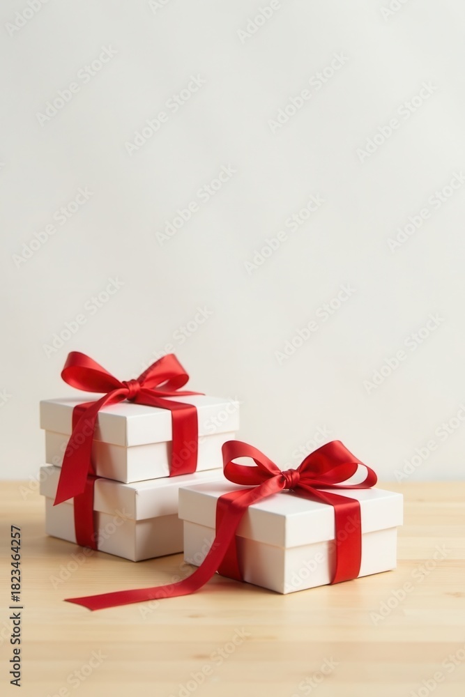 Obraz premium A stack of pristine white gift boxes adorned with vibrant red ribbons, resting elegantly on a light wooden surface against a minimalist white backdrop