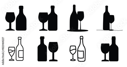 Wine bottle and glass silhouettes vector collection