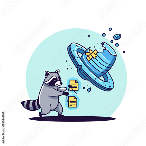 Raccoon repairing corrupted planet with documents