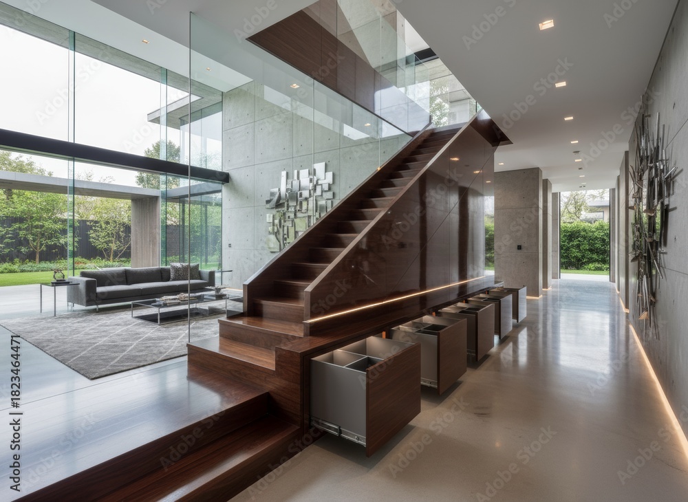 Obraz premium Modern Home Interior Featuring Wooden Staircase, Concrete Walls, and Expansive Glass Windows Overlooking a Garden.
