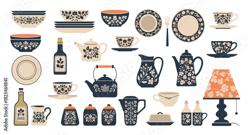 A charming collection of vintage-style kitchenware and tableware featuring delicate floral patterns in blue, beige, and orange.