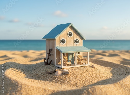 Seaside Dream: Miniature Beach House with Anchor and Chairs on Sandy Shore, Evoking Coastal Calm and Vacation Bliss.