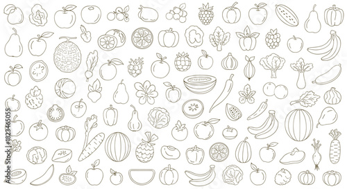 Rustic line art seamless pattern featuring a diverse assortment of fresh fruits and vegetables on a clean white background.