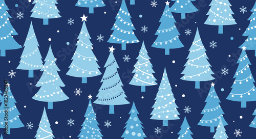 A delightful seamless pattern showcasing stylized blue Christmas trees, decorated with lights, stars, and snowflakes, on a deep blue winter background.