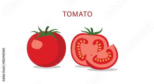 A vibrant illustration showcasing a whole ripe red tomato alongside a cross-section half and a slice, highlighting its fresh and juicy appearance.