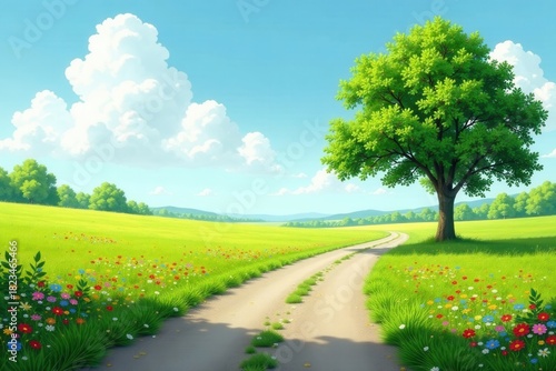 Serene Summer Meadow with Winding Path and Lush Foliage Under a Bright Sky