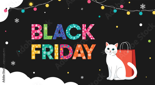 Festive Black Friday sale banner with colorful patterned text, a cute white cat, a red shopping bag, and twinkling lights on a dark background.