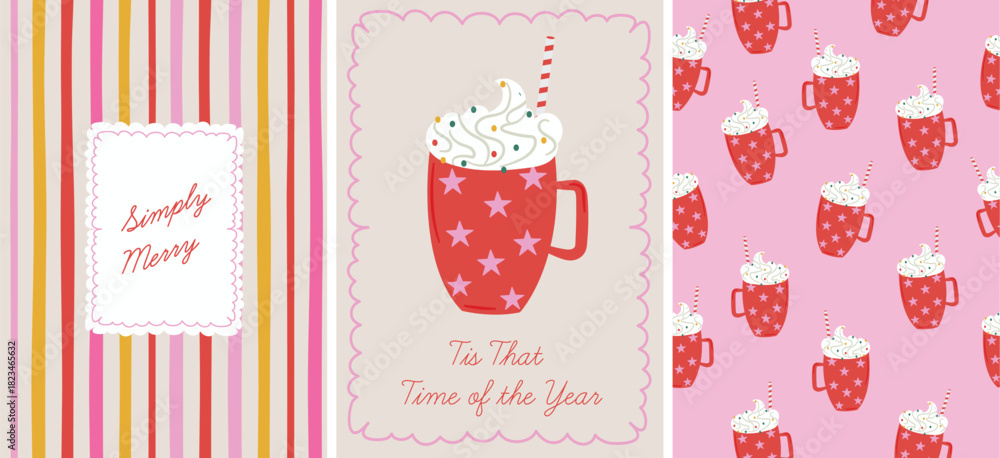 Fototapeta premium Hot Cocoa Christmas Card and Pattern Set with Cute Holiday Mug Illustration, Frame ,Stripes background. Ideal for holiday cards, printable gifts, winter invitations, posters, and seasonal crafts.