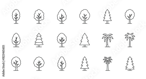 Minimalist line art vector icons depicting a variety of tree species for nature, forest, and environmental designs.